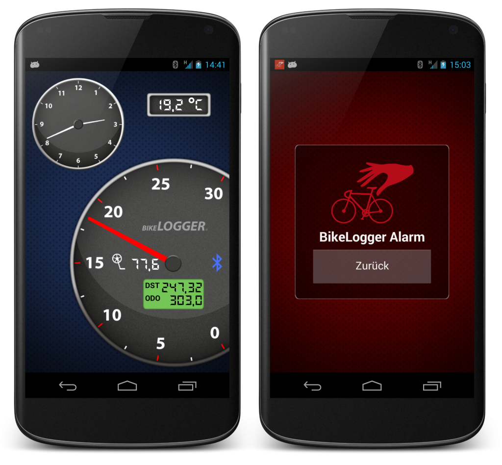 Tachoanzeige und Alarmmodus der BikeLogger Android-App
